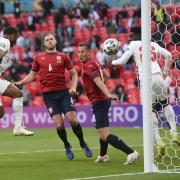 Raheem Sterling rises at the back post to head home England's winning goal following a cross from Jack Grealish