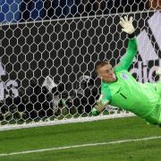 England goalkeeper Jordan Pickford saves a penalty from Colombia's Carlos Bacca during the 2018 World Cup