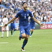 Graziano Pelle celebrates after scoring Italy's second goal in their 2-0 win over Spain in the last 16 of Euro 2016 in France