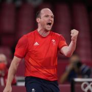 Paul Drinkhall in table tennis action.