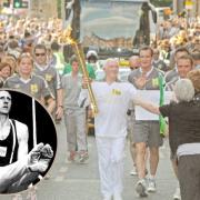 Stan Wild carries the Olympic torch through York in 2012, and is pictured (inset) when he was a top gymnast as a young man