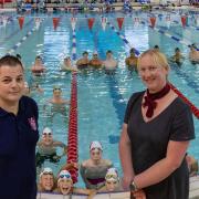 Left to right: Squad coach Sammi-Jo Yates, Head Coach Balazs Sasvari with Lisa Sidgwick, manager of Darlington Building Society’s Redcar and Northallerton branches, and members of the swimming club. Picture: Chris Barron