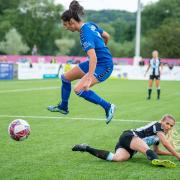 Durham Women full-back Lauren Briggs leapfrogs an opponent during the club's pre-season win over Newcastle United