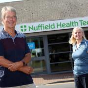 Marking the 40th Great North Run Alan Theakston at the Nufield Hospital in Stockton, with Physiotherapy Manager Vicky Reynolds.Picture Paul Norris
