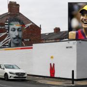 The tribute to tennis star Emma Raducanu, inset, on the wall in Drury Street, Darlington