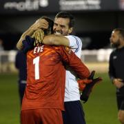 Tommy Miller congratulates keeper Dale Eve on Spennymoor FA Cup win over AFC Fylde. PICTURE: DAVID NELSON.