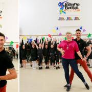 Sara Davies with her Strictly dance partner Alja Škorjanec on a visit to the Joanne Banks Dance School in Spennymoor. Picture: SARAH CALDECOTT