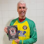 Colin Wharton with memento marking milestone 350th appearance for Trimdon Veterans at Over 40s' league level