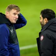 Eddie Howe chats with Newcastle United director Mehrdad Ghodoussi