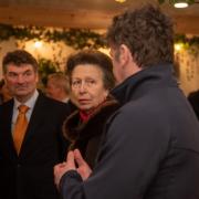 Gerald Lee of the Environment Agency , left, being presented to HRH The Princess Royal by David Parks, founder and managing director of The Skill Mill