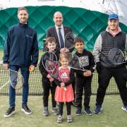 Children taking part included Mia Berensford, Freddie Curry, and Francis Ata. They are pictured with (left to right): Sportworks North East Regional Manager Calum Maddison, Richard Holden MP, and tennis coach Adam Parker. Picture: Chris Barron
