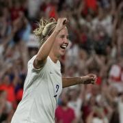 England's Beth Mead celebrates after scoring her third goal, England's eighth, during the Women's Euro 2022 game between England and Norway in Brighton. (Picture: AP Photo/Alessandra Tarantino)