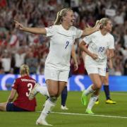Beth Mead celebrates after completing her hat-trick in England’s 8-0 defeat of Norway. Picture: ALESSANDRA TARANTINO/AP