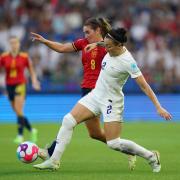 Lucy Bronze challenges Spain's Mariona Caldentey during England's quarter-final win at Women's Euro 2022. Picture: ADAM DAVY/PA WIRE