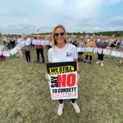 Campaigner Christine Thomas with objectors to the Consett energy from waste plan at Hownsgill Industrial Park. Picture Gareth Lightfoot.