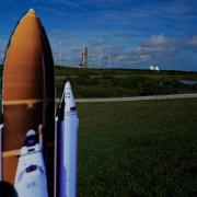The new Nasa moon rocket is seen on Launch Pad 39-B (Brynn Anderson/PA)