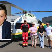 Connor Brown's, inset, family met with the air ambulance paramedic who tried to save him. L-R Marcus Johnson, paramedic, mum Tanya Brown, 42, sister Ellen, 17, and dad Simon, 52. Pictures: GNAA