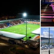 Chanting football fans stand on tables at Hollywood Bowl. Pictured: a match at the York community stadium under floodlights (York City). Right top, the Hollywood Bowl. Right bottom, the community stadium (Google Street View)