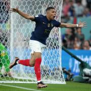 France forward Kylian Mbappe celebrates after scoring against Denmark