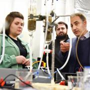 Dr Sina Rezaei Gomari (right) showcasing the facilities at Teesside University to Dr Elizabeth Gilligan and Sam Clark from Material Evolution