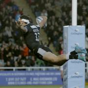Newcastle Falcons' Matias Moroni dives in to score a try