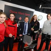 British para-triathlete Mike Salisbury oversees the Athlete Development Programme at Dame Allan’s Schools, with mentors (left to right) Lillie Quinlivan Coulson, Lucy Dodd, Millie Dacosta Evans and Nick Archbold.