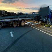 The low-loader lorry crashed through the central reservation of the A1(M) around 7.00 am this morning Picture: Richmond Fire Station