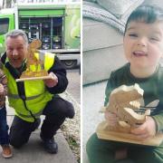 Three-year-old Sonny Reilly, who is dino mad, couldn't believe it when Asda home shopping driver Jimmy Anderson from the Thornaby store turned up at his home on his birthday to give him a fantastic wooden T-Rex that he'd made.