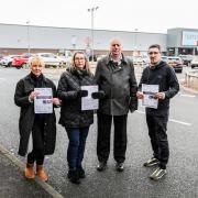 Furious drivers have hit back at a parking firm issuing ‘unfair’ fines outside their carpark. (L-R) Donna Regan, Isabella Lodge, Bill Burgess and Paul Herdman who were all fined parking on Thorneyholme Terrace in Stanley, next to Home Bargains.