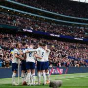 England's players celebrate after Bukayo Saka scored his side's second goal in their 2-0 win over Ukraine at Wembley yesterday. Picture: ZAC GOODWIN/PA WIRE
