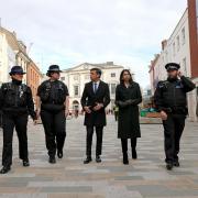 Community Support Officer Sonja Viner, Police Sergeant Sophie Chesters, Prime Minister Rishi Sunak, Home Secretary Suella Braverman and Police Sergeant Matt Collins during a visit to a community centre in Chelmsford, Essex