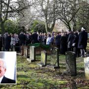 Mourners attend the funeral of Peter Freitag, inset, in  the Jewish section of West Cemetery, Darlington