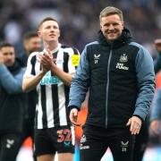Eddie Howe leads the celebrations after Newcastle United 2-0 win over Manchester United