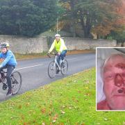 Tim on a bike ride with his grandson (insert: Tim following his accident).