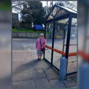 Cllr Juliana Heron at the Houghton-le-Spring bus stop on The Broadway.