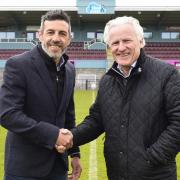New South Shields manager Julio Arca with the club's chairman Geoff Thompson