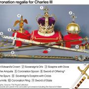 Coronation regalia for Charles III. See story ROYAL Coronation. Infographic PA Graphics. An editable version of this graphic is available if required. Please contact graphics@pamediagroup.com.