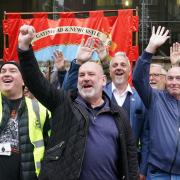 Mick Whelan, general secretary of Aslef, joins union members on the picket line outside Newcastle station.