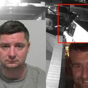 Adam Jenkins, left, has been found guilty of manslaughter of Simon Birch, bottom right. The incident was caught on CCTV, pictured.