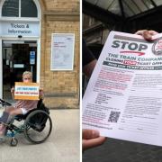 A campaigner at York station ticket office, left, and  the national campaign, right