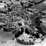 An undated aerial view of Masham with the church at the bottom with George Cuitt's self-built house immediately to the right