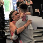 Rachel Jewkes tearfully hugs son Henry at Polam Hall School