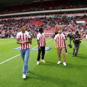 Adil Aouchiche and Timothee Pembele join fellow deadline-day signing Mason Burstow on the Stadium of Light pitch
