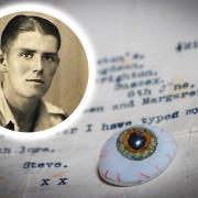 Sapper Steve Bishop, with the first letter he wrote home after being blinded, and the glass eye he was given by nurses