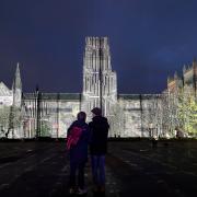 Durham Cathedral is illuminated in light artwork tonight by Javier Riera’s Liquid Geometry.