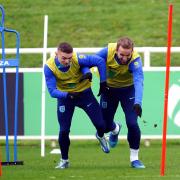 Kieran Trippier in training with England skipper Harry Kane