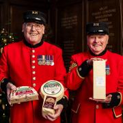 Chelsea Pensioners with cheeses from the Wensleydale Creamery