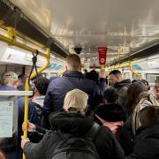 A packed Tyne and Wear Metro train at rush hour on the morning of March 14, 2023
