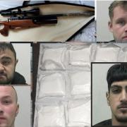 Jailed drug suppliers, inset left, top, Hamzah Ali and bottom, David Knowles, with, top right, Kieran Cash and, bottom, Dilawar Tariq, plus part of an air rifler recovered from Knowles' home and some of the drugs seized in police inquiries
