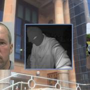 Gareth Brunskill, left, caught on doorbell camera, centre, and the stolen Ford Kuga he damaged taking it from outside the owner's home